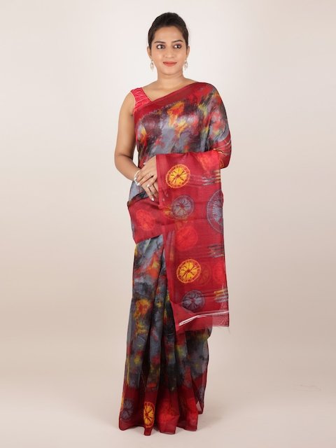 Best georgette gray color handloom weaving saree with a red blouse.