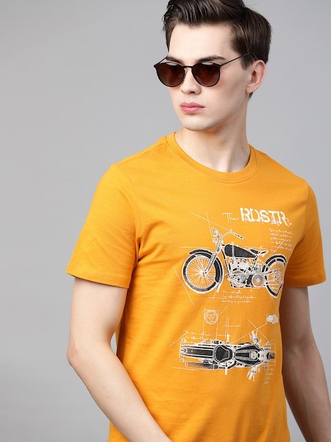 Roadster Men Mustard Yellow And Black Biker Printed Pure Cotton T Shirt