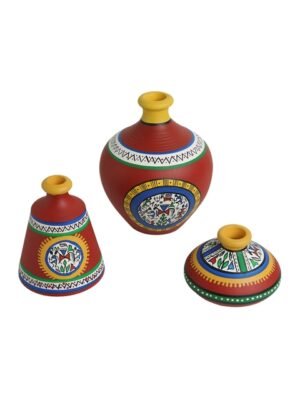 ExclusiveLane Set of 3 Red Warli Hand-Painted Warli Red Matkis ...